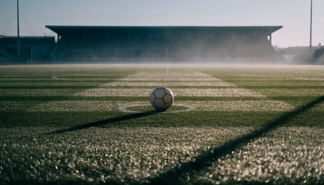 Ein Fußball liegt auf dem Mittelkreis eines leeren Rasenplatzes am frühen Morgen, im Hintergrund eine ferne Tribüne im Dunst.