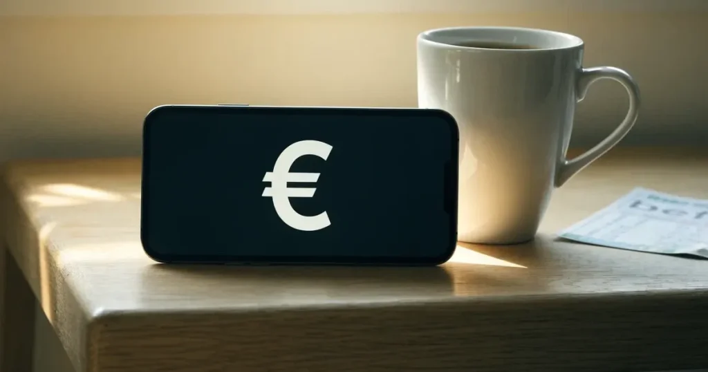 Ein Smartphone mit dunklem Display liegt neben einer Kaffeetasse und einigen Münzen auf einem hellen Holztisch, weiches Tageslicht fällt von links.
