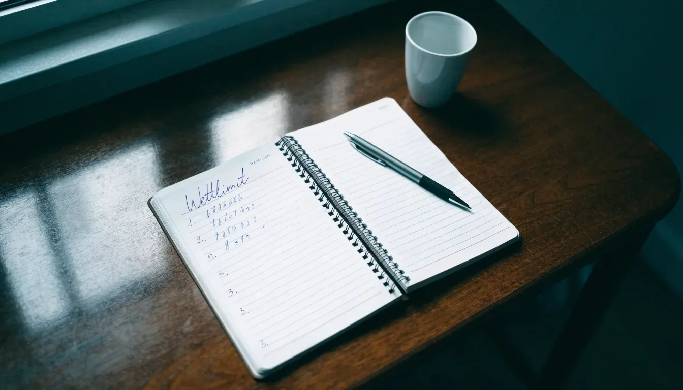 Ein Notizbuch mit handschriftlichen Notizen und ein Kugelschreiber liegen auf einem Schreibtisch neben einer Tasse, Blick schräg von oben.