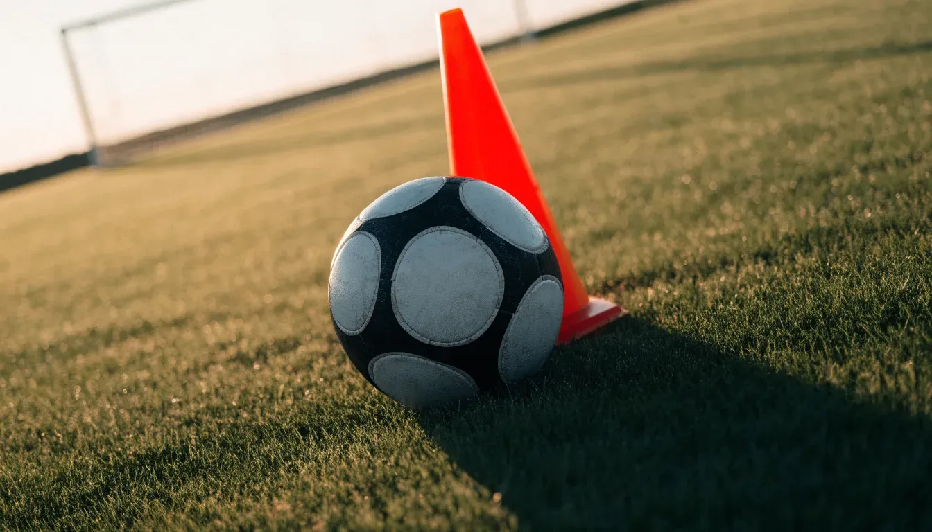 Ein Fußball liegt auf einem Trainingsplatz neben einem orangen Hütchen, Abendlicht fällt flach über den Rasen.