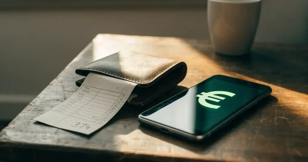 Ein Portemonnaie aus Leder liegt geöffnet auf einem Holztisch neben einem Smartphone mit dunklem Display, Fensterlicht fällt von der Seite.