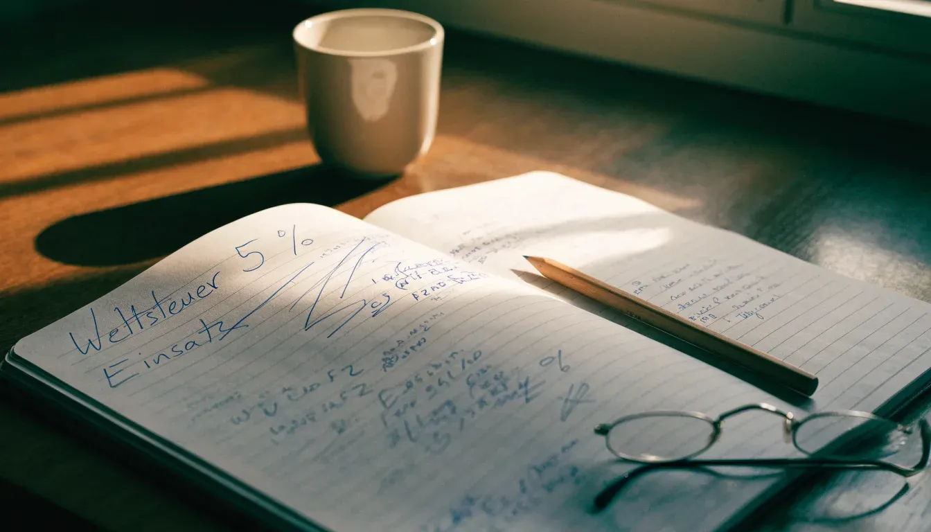 Ein aufgeschlagenes Notizbuch mit handschriftlichen Notizen liegt neben einem Bleistift auf einem Schreibtisch, daneben eine Brille.