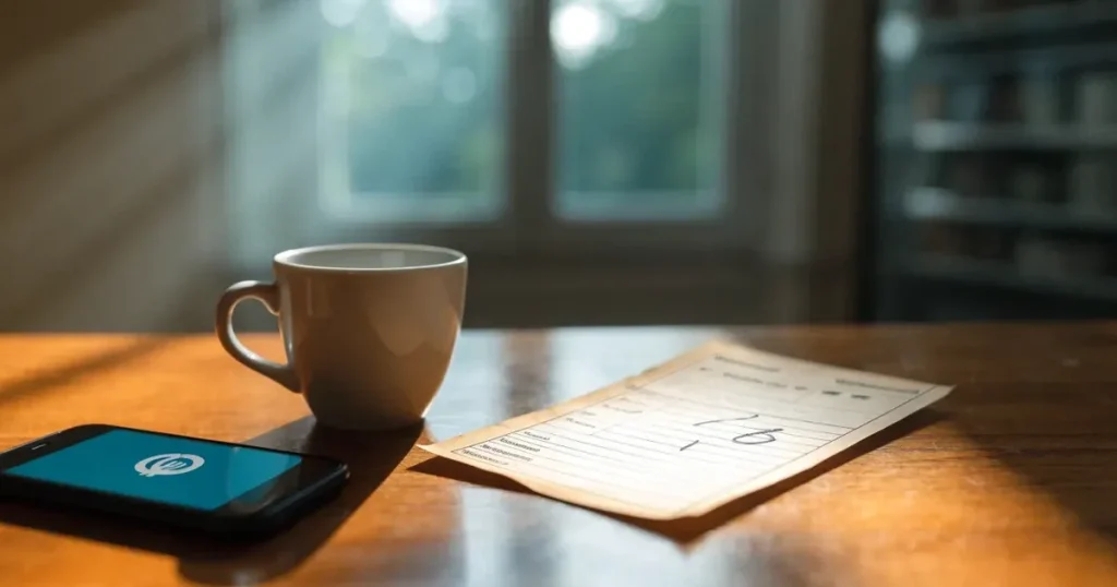 Eine Handvoll Münzen liegt neben einer Kaffeetasse auf einem Küchentisch, im Hintergrund unscharf ein Fenster mit Morgenlicht.