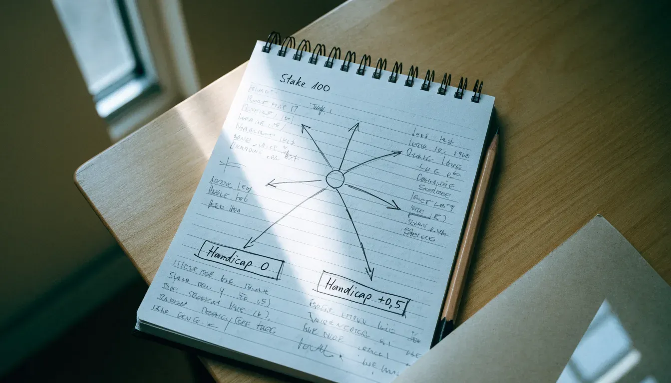 Ein aufgeschlagenes Notizbuch mit handschriftlichen Skizzen und Pfeilen liegt neben einem Bleistift auf einem Holztisch, Tageslicht fällt von der Seite.
