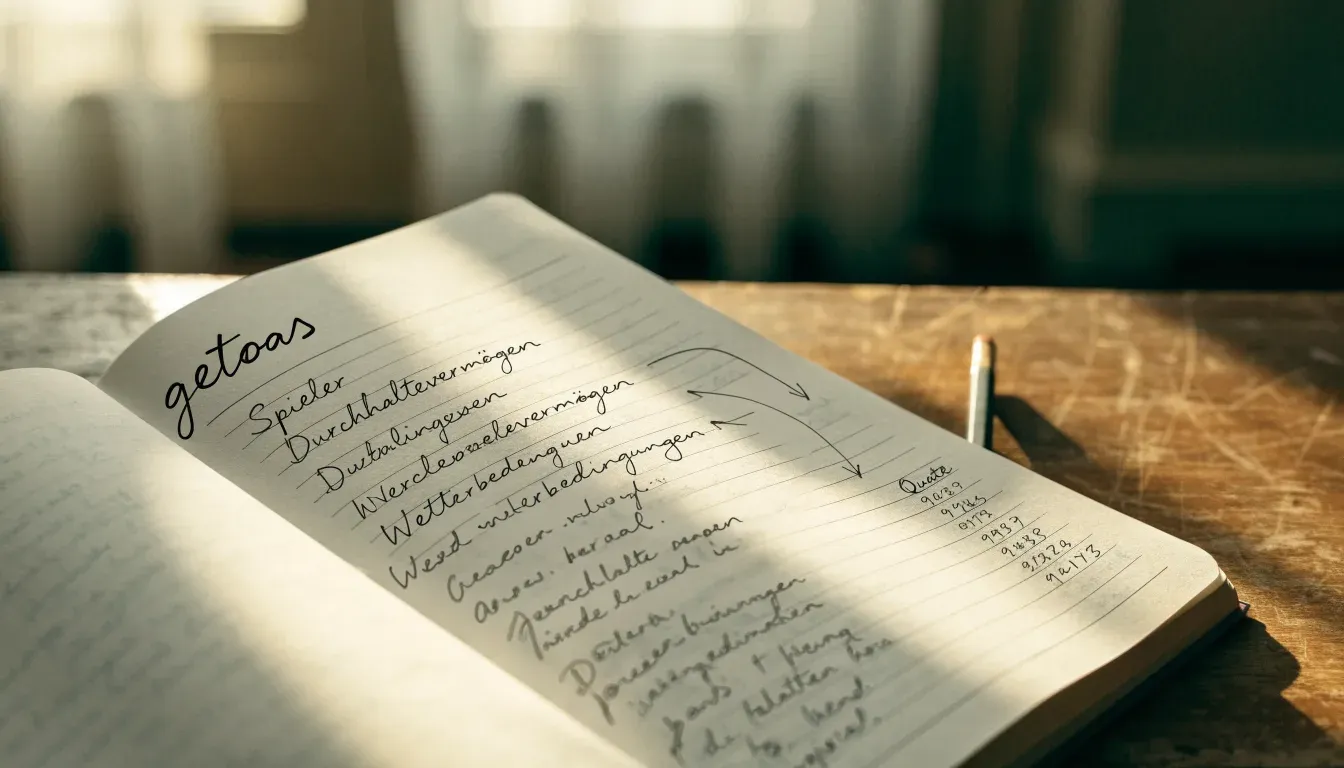 Ein aufgeschlagenes Notizbuch mit handschriftlichen Notizen und Pfeilen liegt neben einem Bleistift auf einem Holztisch, Tageslicht von links.