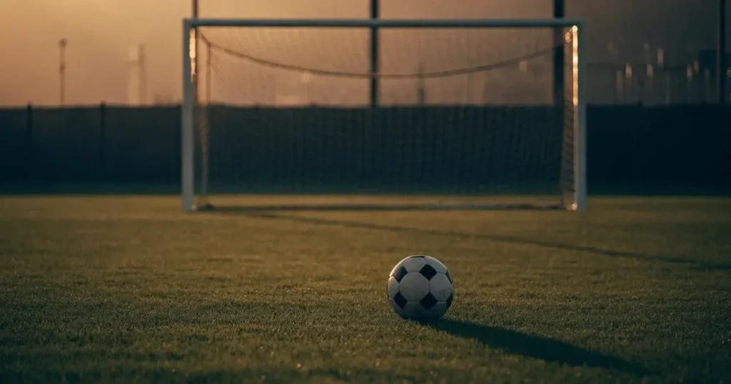 Ein Fußball liegt vor einem leeren Tor auf dem Rasen, das Netz hängt unbewegt, im Hintergrund ein verschwommener Zaun in warmem Abendlicht.
