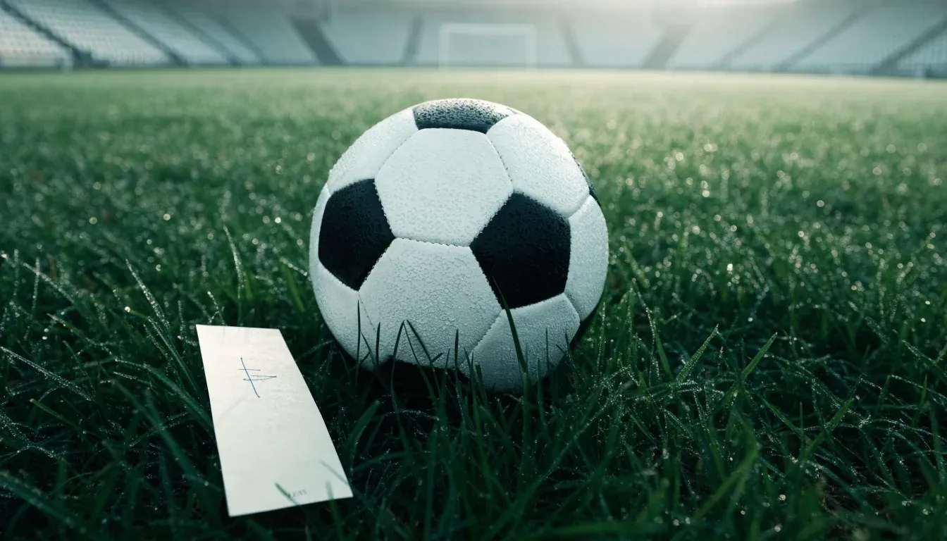 Ein Fußball liegt auf dem Rasen vor einer leeren Tribüne am frühen Morgen, Tau glänzt auf dem Gras.