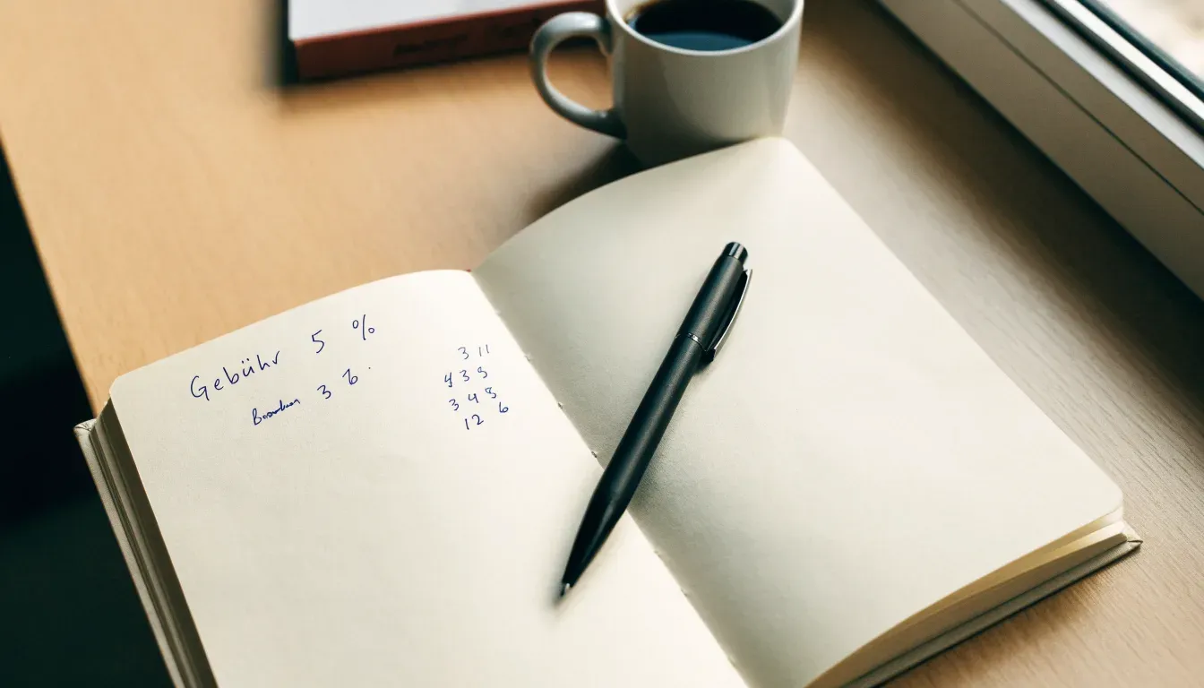 Ein Notizbuch mit handschriftlichen Notizen und ein Kugelschreiber liegen auf einem Schreibtisch neben einer Tasse, Blick schräg von oben.