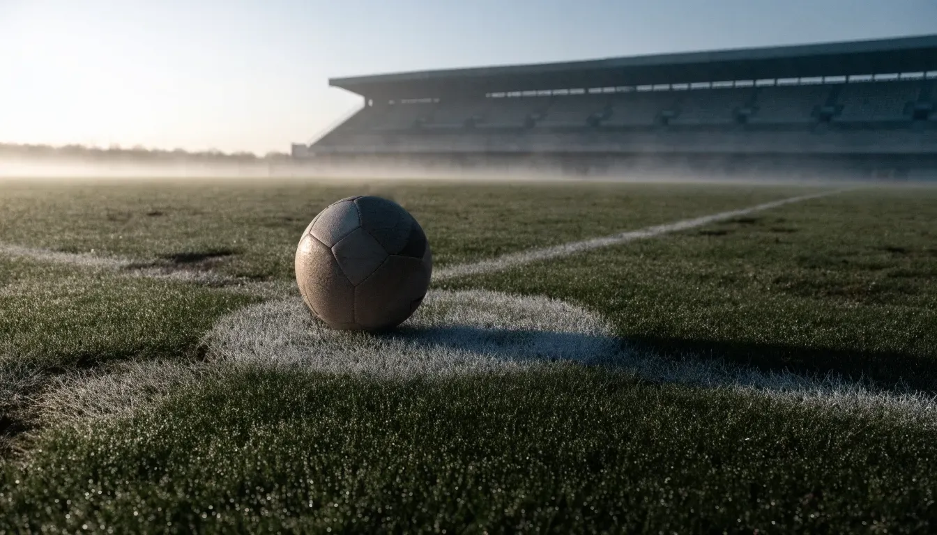 Ein Fußball liegt auf dem Anstoßpunkt eines leeren Rasenplatzes im Morgendunst, im Hintergrund eine ferne Tribüne.
