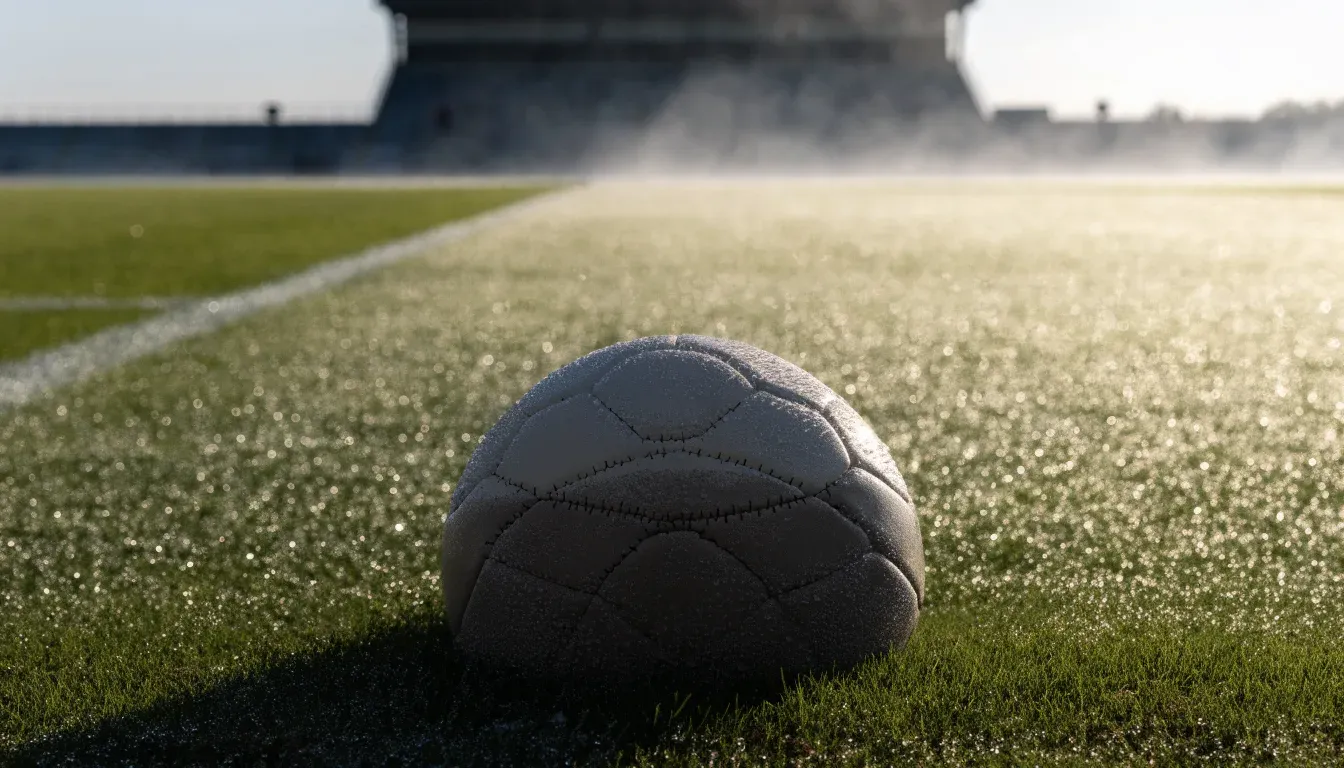 Ein Fußball liegt auf einem Rasenplatz, im Hintergrund eine ferne Tribüne im Morgendunst, Tau glänzt im Gras.