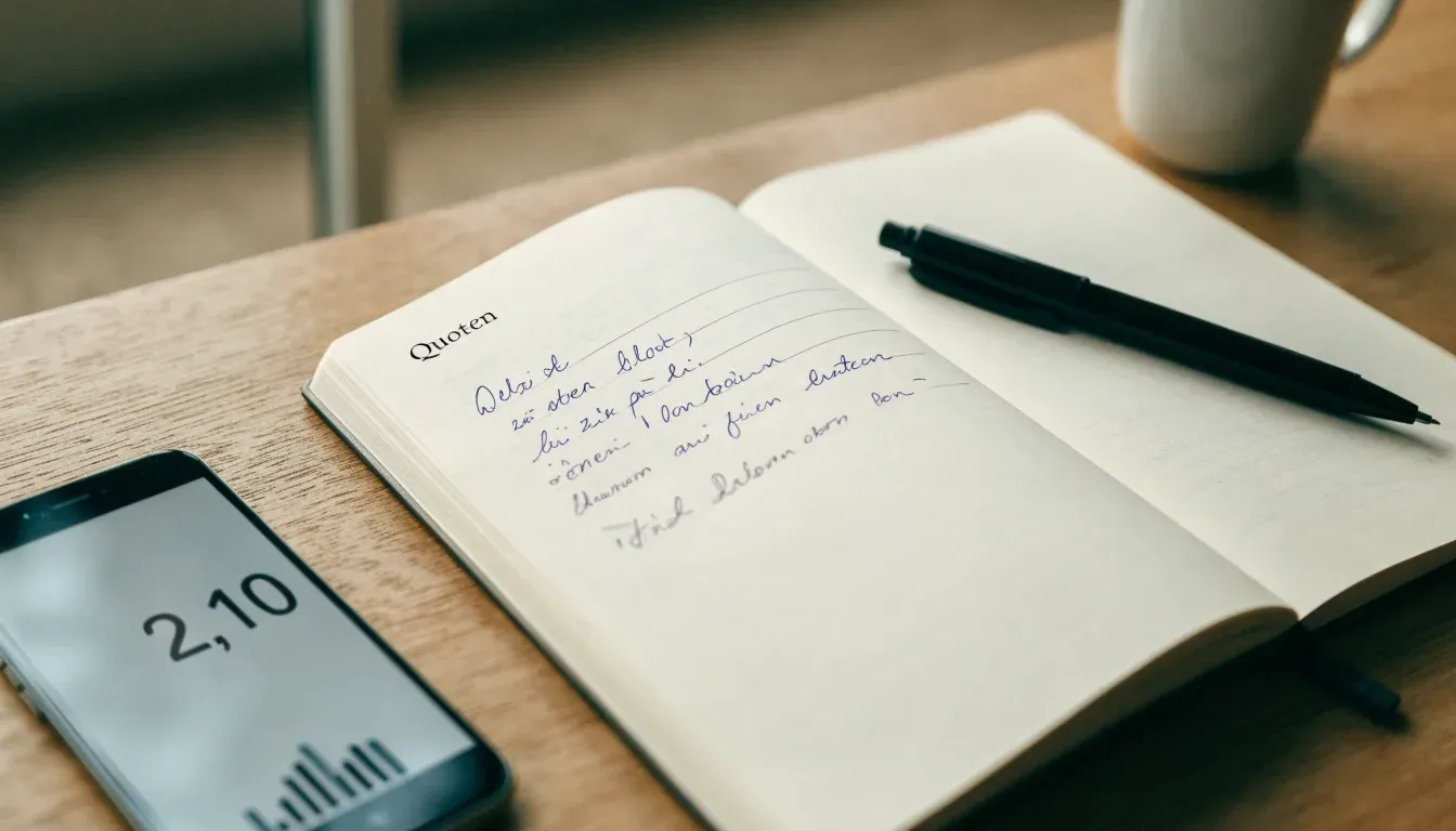 Ein Notizbuch mit handschriftlichen Notizen und ein Kugelschreiber liegen auf einem Schreibtisch neben einer Tasse, Blick schräg von oben.