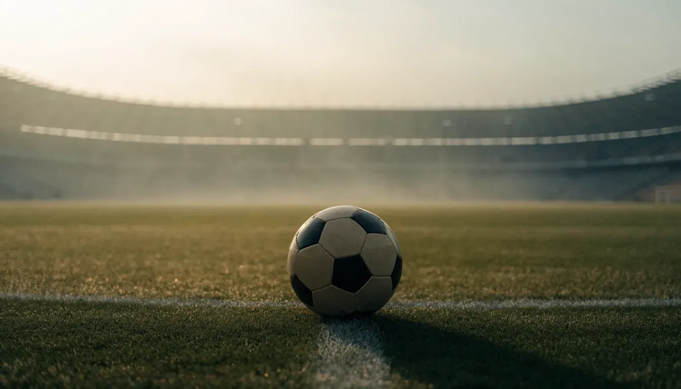 Ein Fußball liegt auf dem Mittelkreis eines leeren Rasenplatzes am frühen Morgen, im Hintergrund eine ferne Tribüne im Dunst.