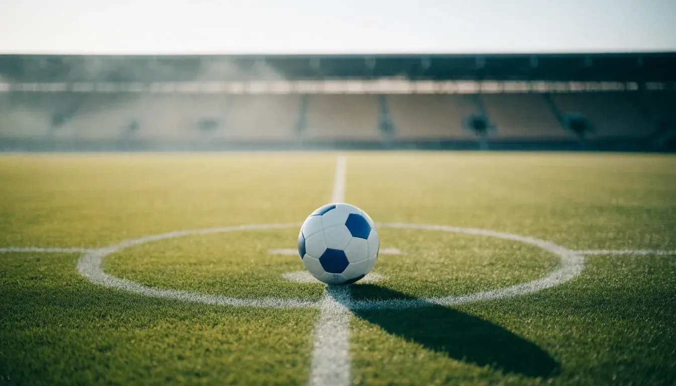 Ein Fußball liegt auf dem Mittelkreis eines leeren Rasenplatzes am frühen Morgen, im Hintergrund eine ferne Tribüne im Dunst.