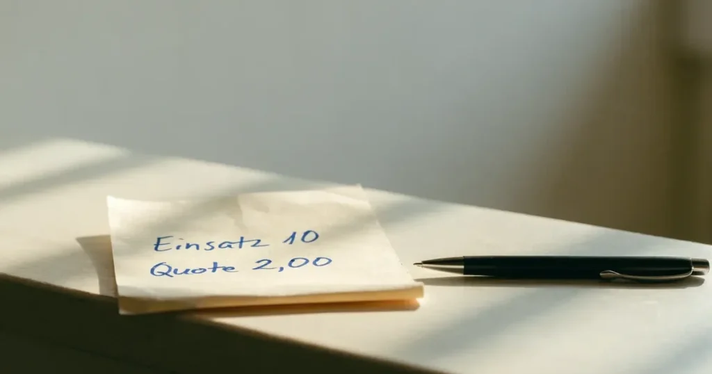 Ein leerer Papier-Wettschein ohne Aufdruck liegt neben einem Kugelschreiber auf einem hellen Tresen, weiches Seitenlicht.