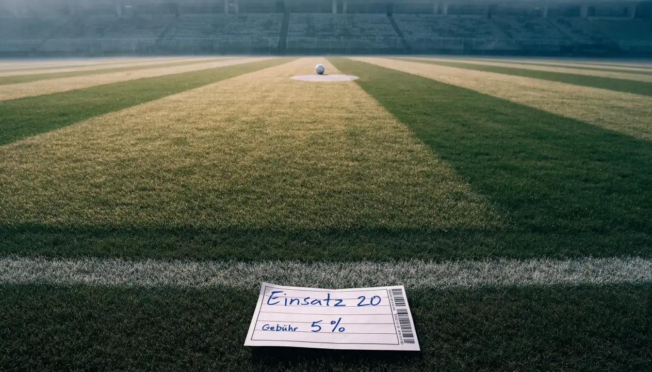 Ein Fußball liegt auf dem Mittelkreis eines leeren Rasenplatzes am frühen Morgen, im Hintergrund eine ferne Tribüne im Dunst.