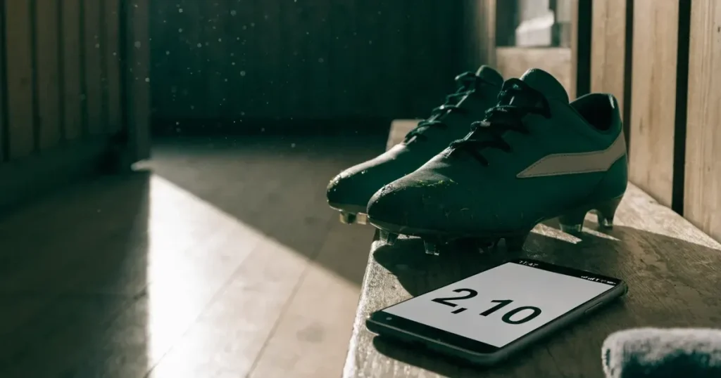 Ein Smartphone mit dunklem Display liegt auf einer Holzbank neben einem Paar Fußballschuhen, Morgenlicht fällt durch ein Fenster.
