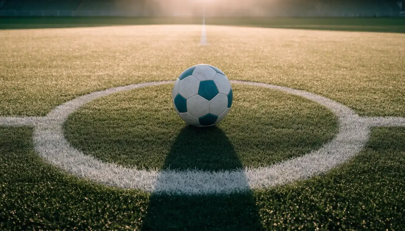 Ein Fußball liegt auf dem Mittelkreis eines leeren Rasenplatzes am frühen Morgen, im Hintergrund eine ferne Tribüne im Dunst.