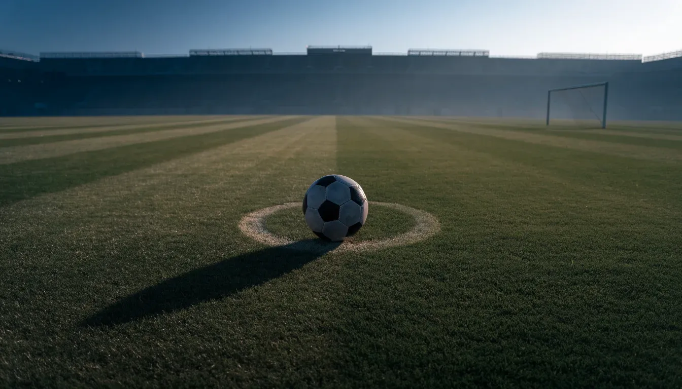 Ein Fußball liegt auf dem Mittelkreis eines leeren Rasenplatzes am frühen Morgen, im Hintergrund eine ferne Tribüne im Dunst.