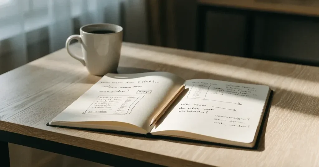 Ein Notizbuch mit handschriftlichen Notizen und kleinen Skizzen liegt aufgeschlagen neben einem Bleistift auf einem Schreibtisch, Fensterlicht von links.