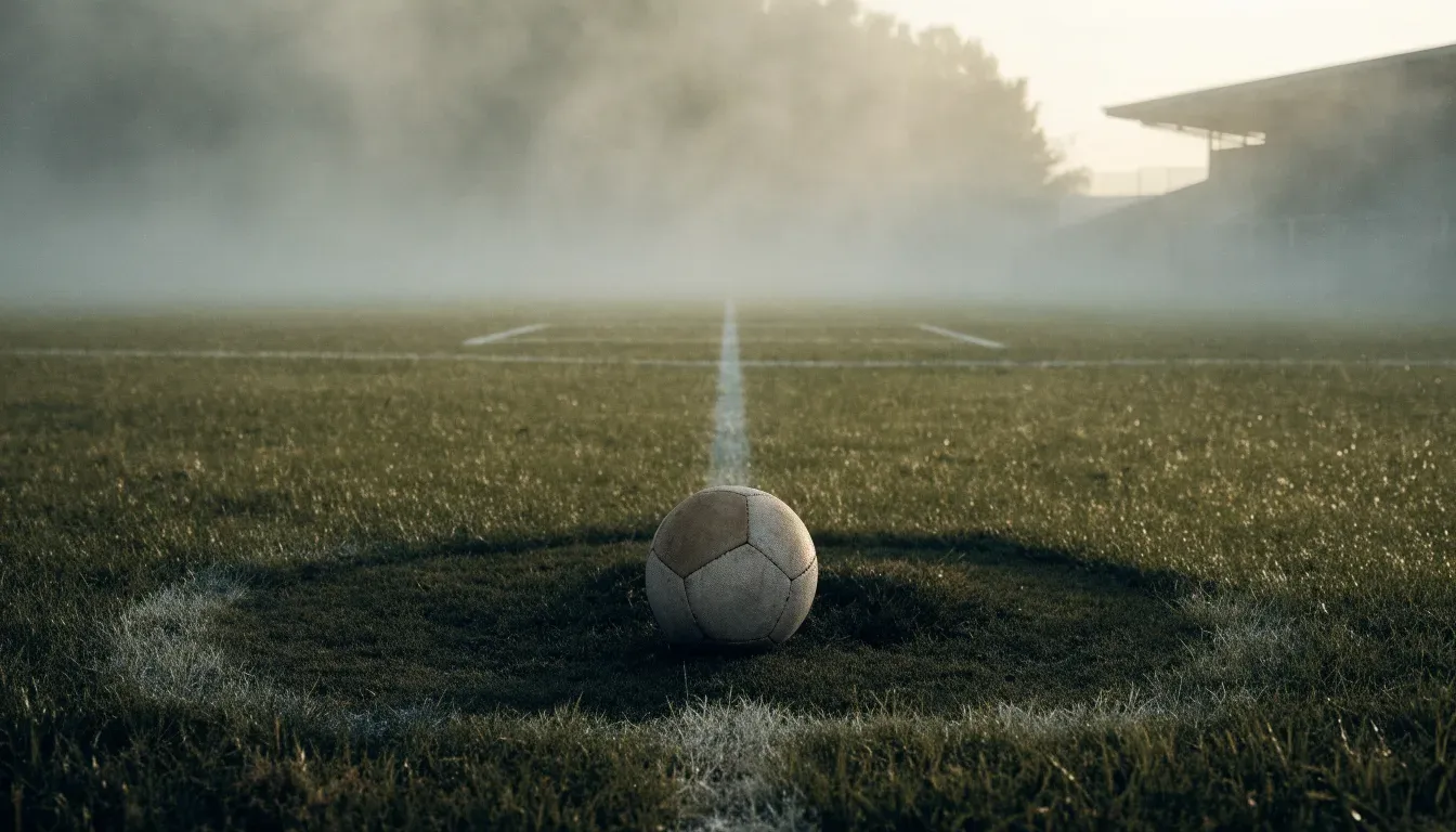 Ein Fußball liegt auf dem Anstoßpunkt eines leeren Rasenplatzes im Morgendunst, im Hintergrund eine ferne Tribüne.
