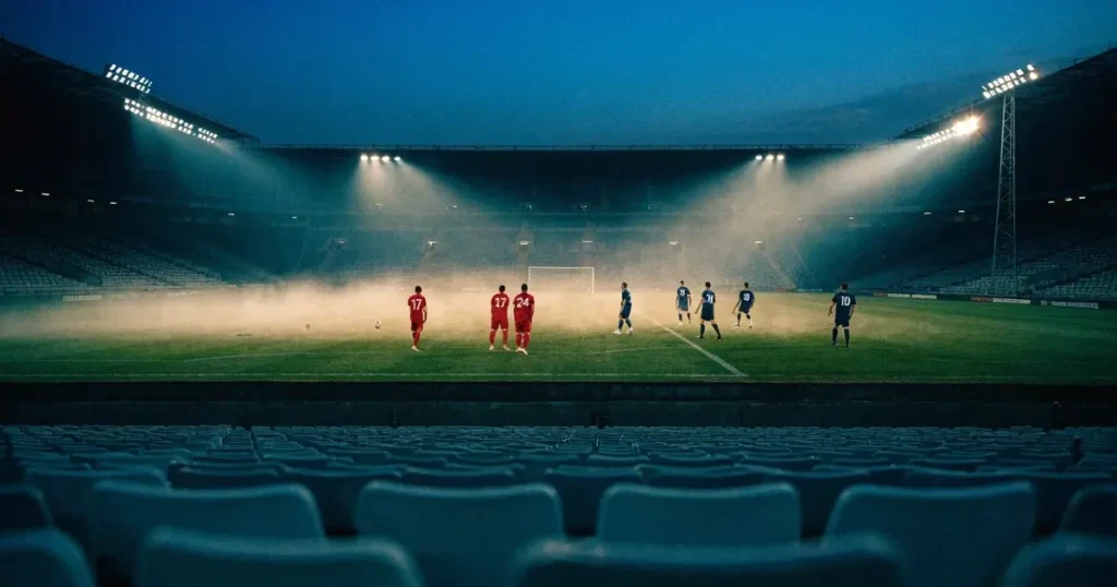 Ein Stadion unter Flutlicht aus der Ferne am Abend, hell erleuchtet, Nebel liegt über dem Rasen.
