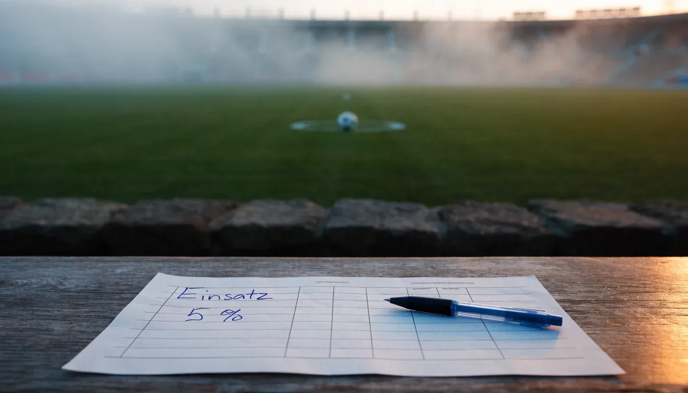 Ein Fußball liegt auf dem Anstoßpunkt eines leeren Rasenplatzes im Morgennebel, im Hintergrund verschwimmen die Tribünen.