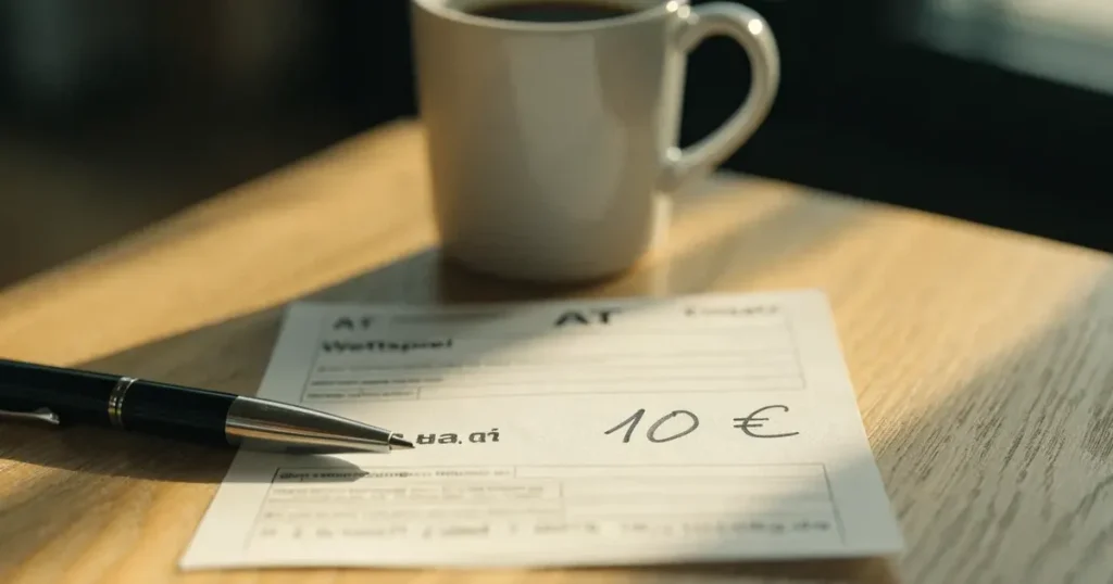Ein leerer Wettschein aus Papier und ein Kugelschreiber liegen auf einem hellen Holztisch neben einer Kaffeetasse im warmen Seitenlicht.