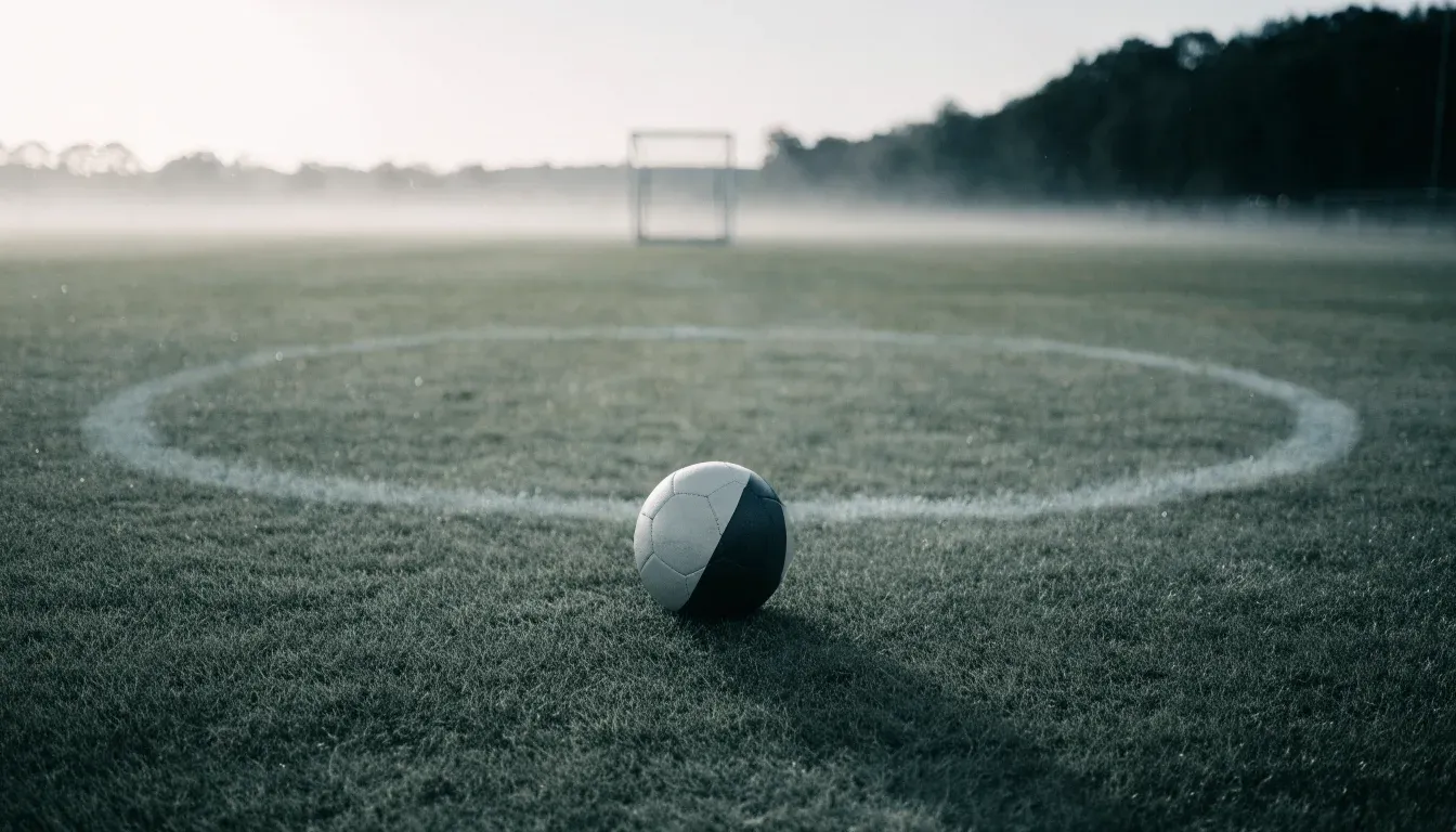 Ein Fußball liegt auf dem Anstoßpunkt eines leeren Rasenplatzes im Morgennebel.