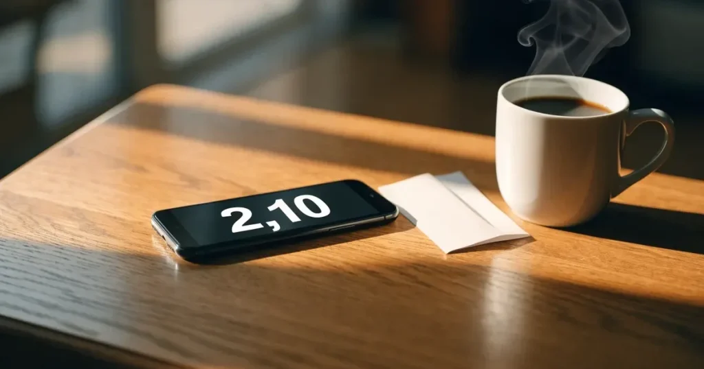 Ein Smartphone mit dunklem Display liegt auf einem Holztisch neben einer Kaffeetasse, Tageslicht fällt von der Seite ein.