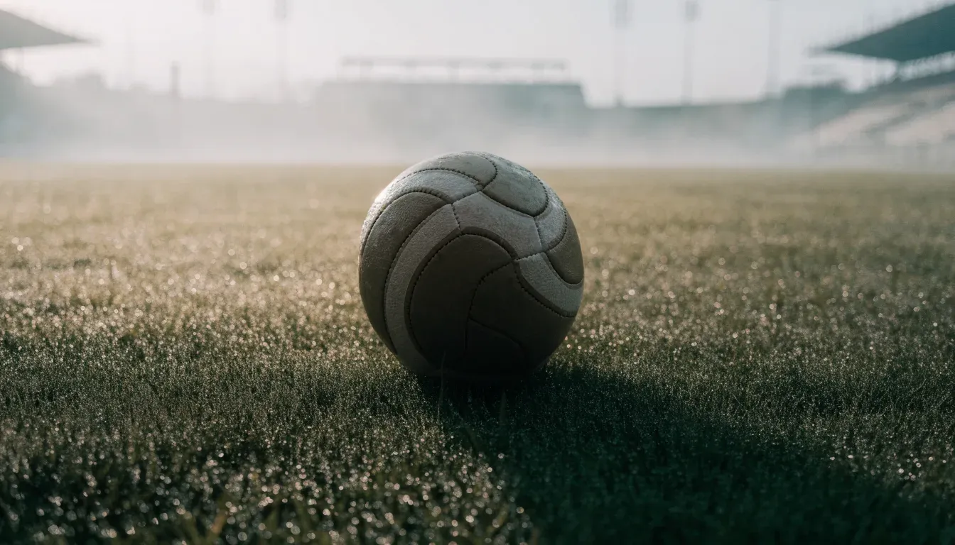 Ein Fußball liegt auf dem Rasen eines leeren Platzes im Morgennebel, im Hintergrund verschwimmen die Tribünen.