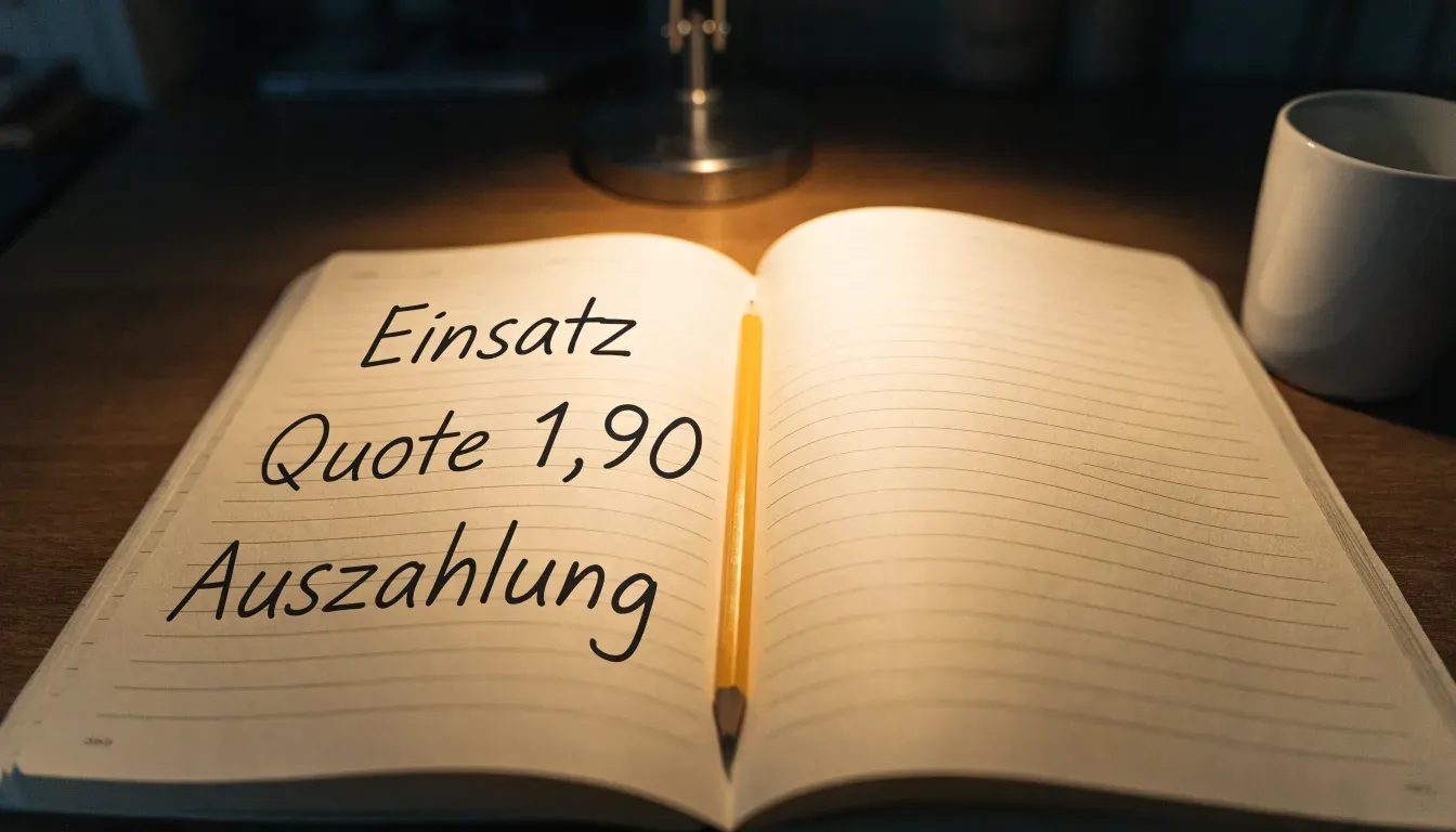 Ein aufgeschlagenes Notizbuch mit handschriftlichen Notizen und ein Bleistift liegen auf einem Schreibtisch im Licht einer Lampe.