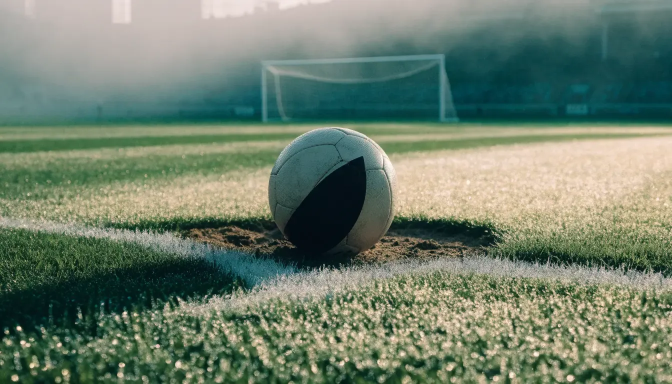 Ein Fußball liegt auf dem Anstoßpunkt eines leeren Rasenplatzes im Morgennebel.