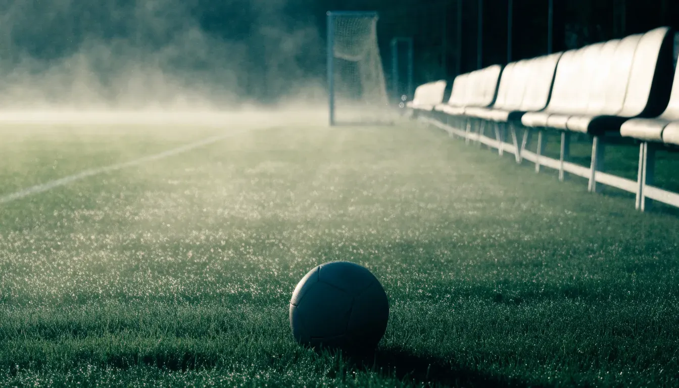 Ein Fußball liegt auf dem Rasen eines leeren Platzes im Morgennebel, am Rand stehen unbesetzte Ersatzbänke.