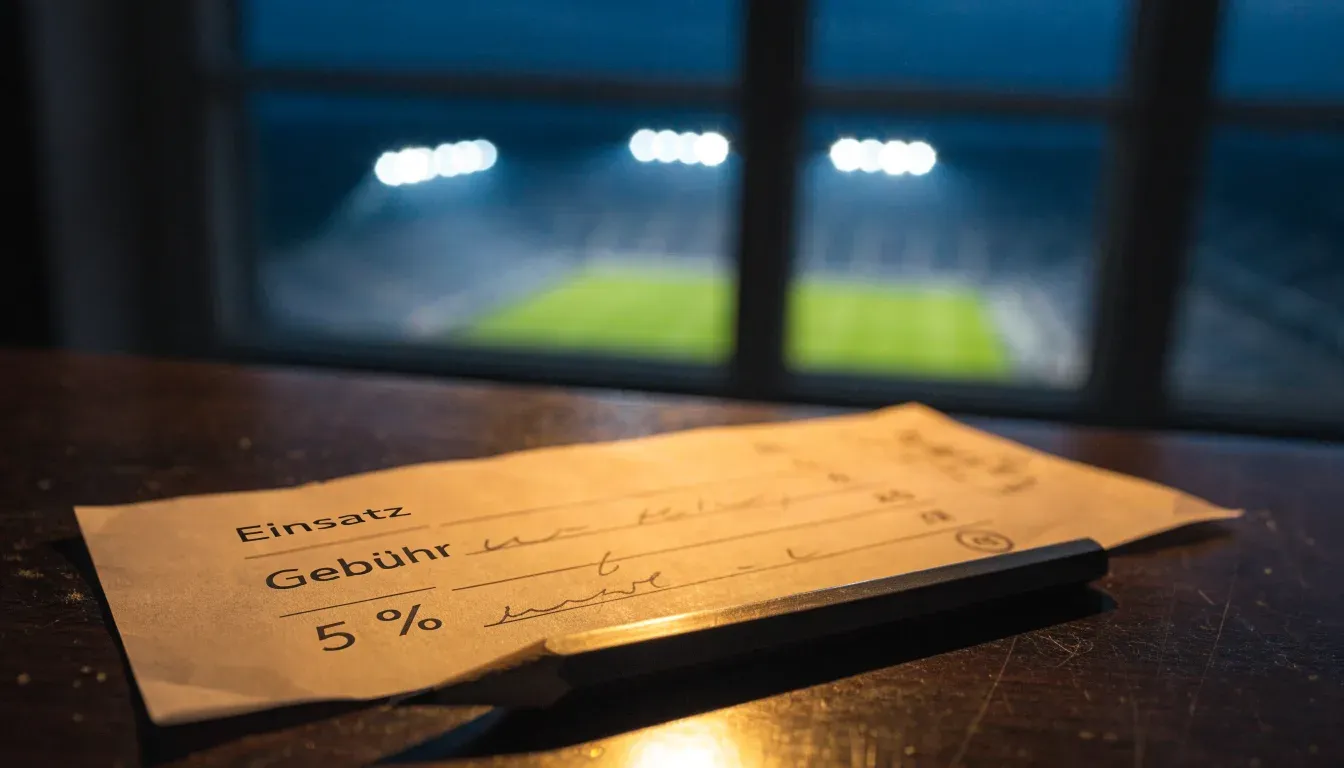 Ein Stadion unter Flutlicht aus großer Entfernung gesehen, der Himmel darüber ist tiefblau.