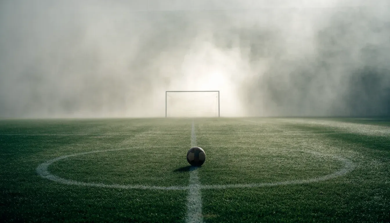 Ein Fußball liegt auf dem Anstoßpunkt eines leeren Rasenplatzes im Morgennebel.