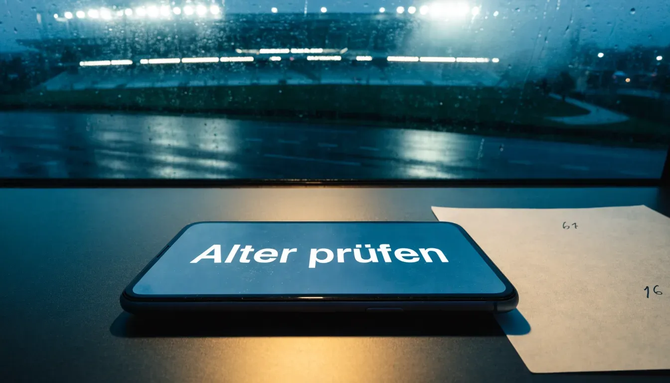Ein Stadion unter Flutlicht aus großer Entfernung gesehen, davor eine regennasse Straße in der Dämmerung.
