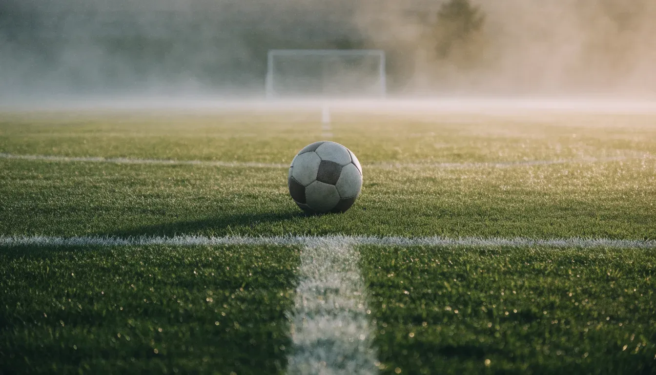 Ein Fußball liegt auf dem Anstoßpunkt eines leeren Rasenplatzes im Morgennebel.