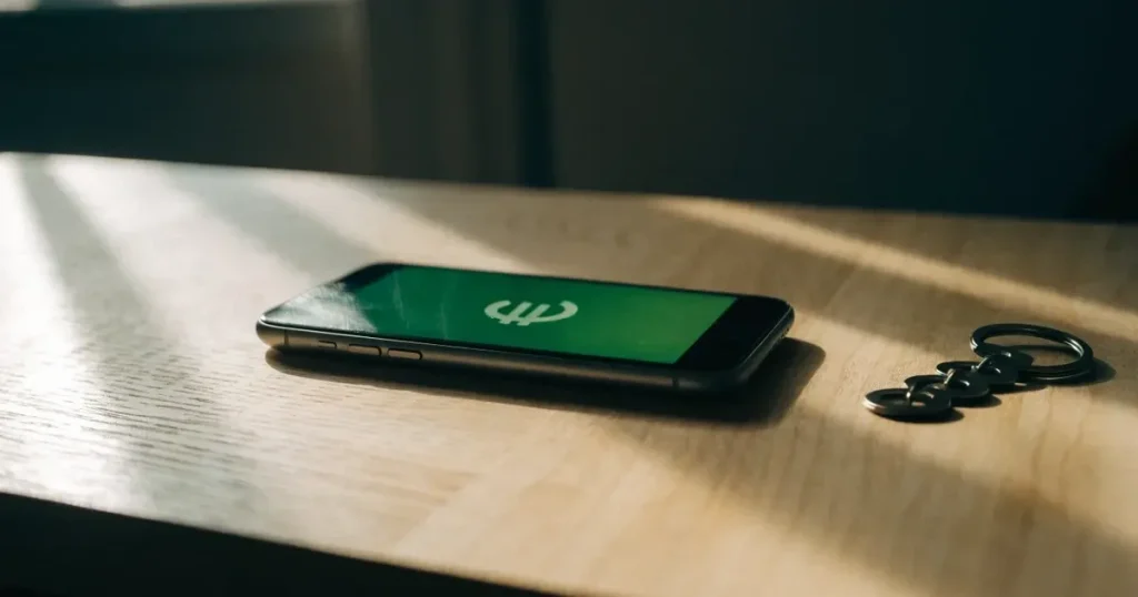 Ein Smartphone mit dunklem Display liegt auf einem hellen Tisch neben einem Schlüsselbund, Tageslicht fällt von der Seite ein.