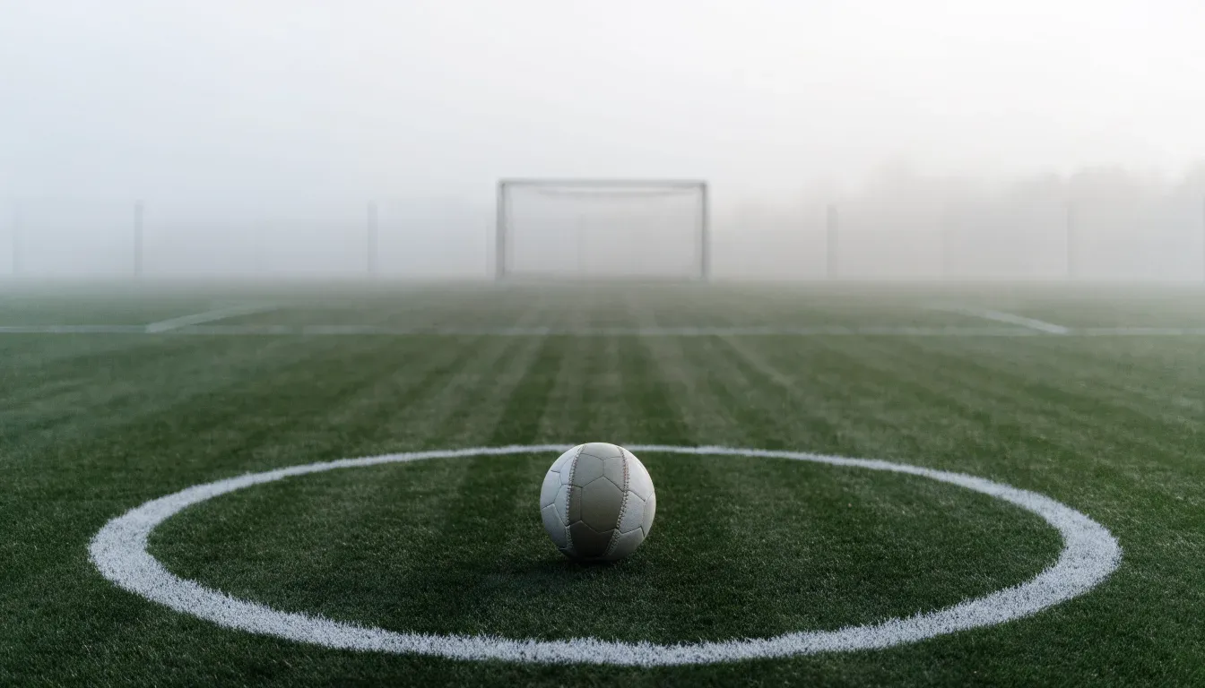 Ein Fußball liegt auf dem Anstoßpunkt eines leeren Rasenplatzes im Morgennebel.