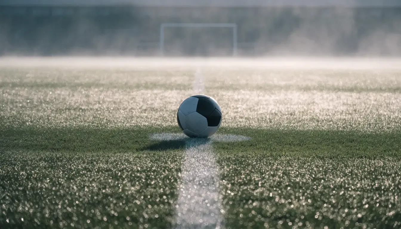 Ein Fußball liegt auf dem Anstoßpunkt eines leeren Rasenplatzes im Morgennebel.