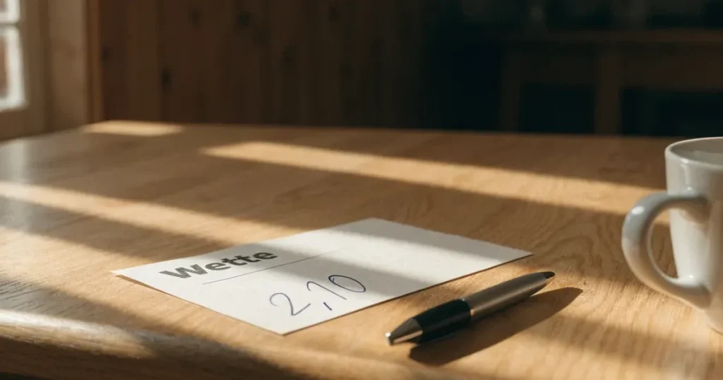 Ein leerer Wettschein aus Papier und ein Kugelschreiber liegen auf einem hellen Holztisch neben einer Kaffeetasse im warmen Seitenlicht.