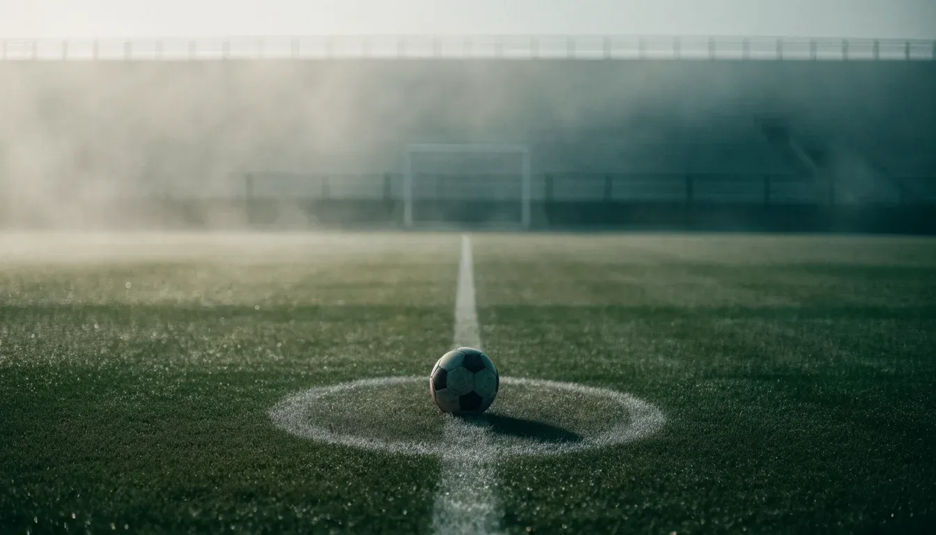 Ein Fußball liegt auf dem Anstoßpunkt eines leeren Rasenplatzes im Morgennebel.