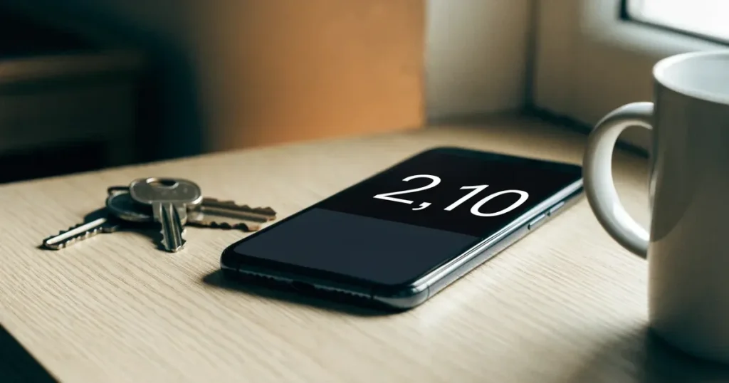 Ein Smartphone mit dunklem Display liegt auf einem hellen Tisch neben einem Schlüsselbund, Tageslicht fällt von der Seite ein.