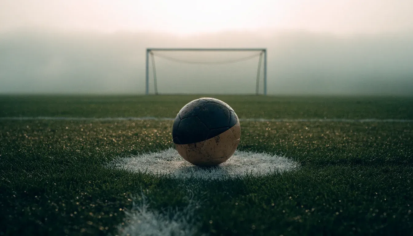 Ein Fußball liegt auf dem Anstoßpunkt eines leeren Rasenplatzes im Morgennebel.