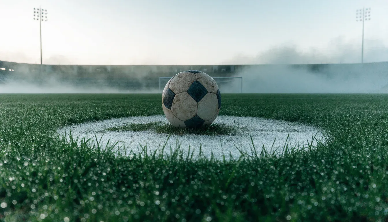 Ein Fußball liegt auf dem Anstoßpunkt eines leeren Rasenplatzes im Morgennebel.