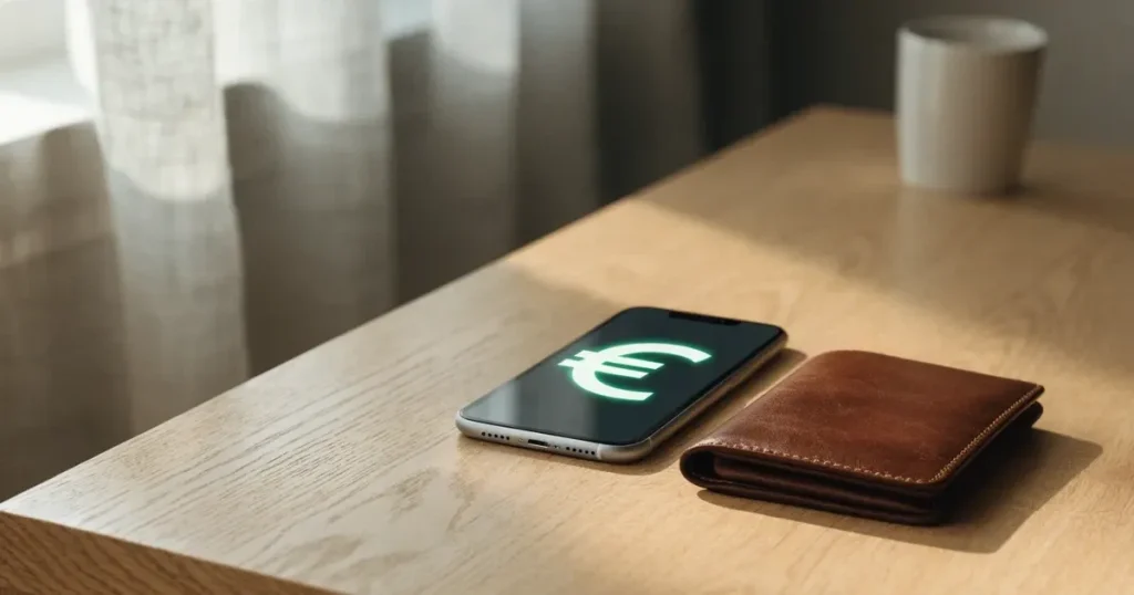 Ein Portemonnaie aus Leder liegt geschlossen auf einem hellen Holztisch neben einem Smartphone mit dunklem Display.