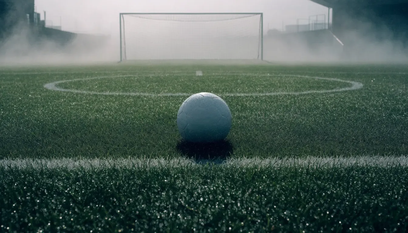 Ein Fußball liegt auf dem Anstoßpunkt eines leeren Rasenplatzes im Morgennebel.