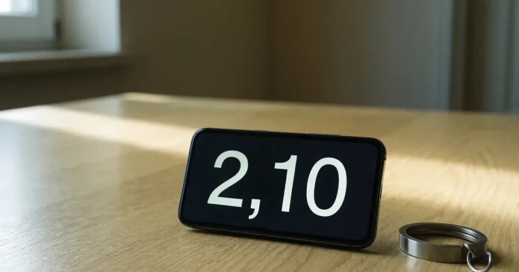 Ein Smartphone mit dunklem Display liegt auf einem hellen Tisch neben einem Schlüsselbund, Tageslicht fällt von der Seite ein.
