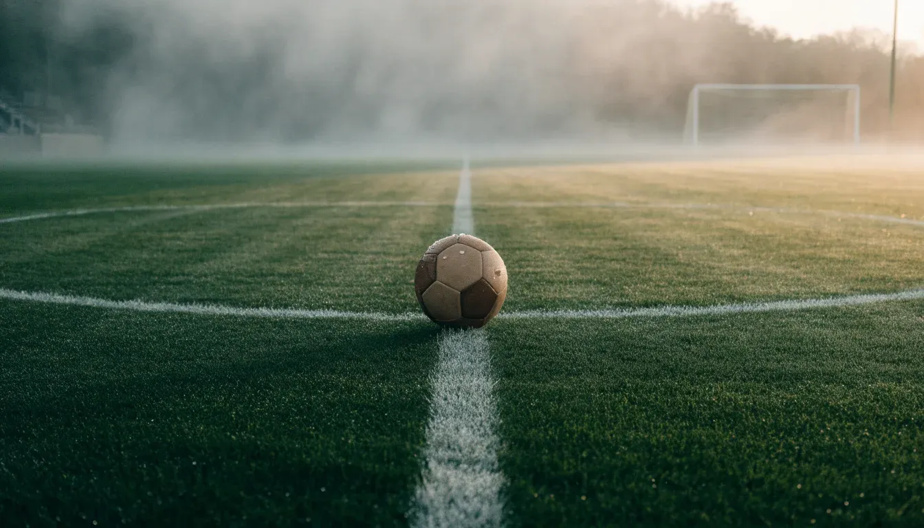 Ein Fußball liegt auf dem Anstoßpunkt eines leeren Rasenplatzes im Morgennebel.