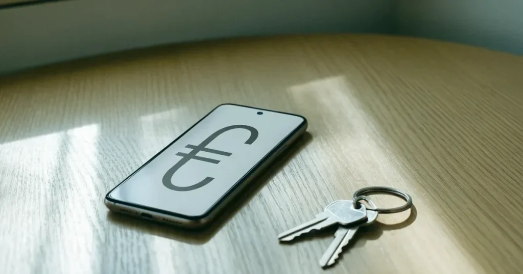 Ein Smartphone mit dunklem Display liegt auf einem hellen Tisch neben einem Schlüsselbund, Tageslicht fällt von der Seite ein.